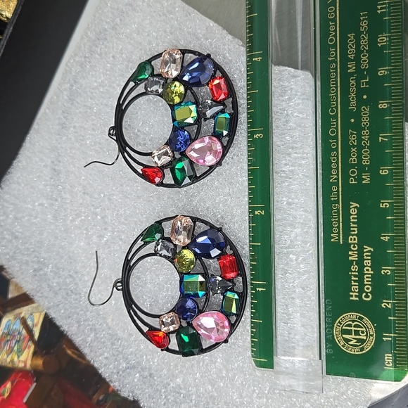 Colorful Fuax Gemstone Black Tone  Big  Earrings - Picture 7 of 17